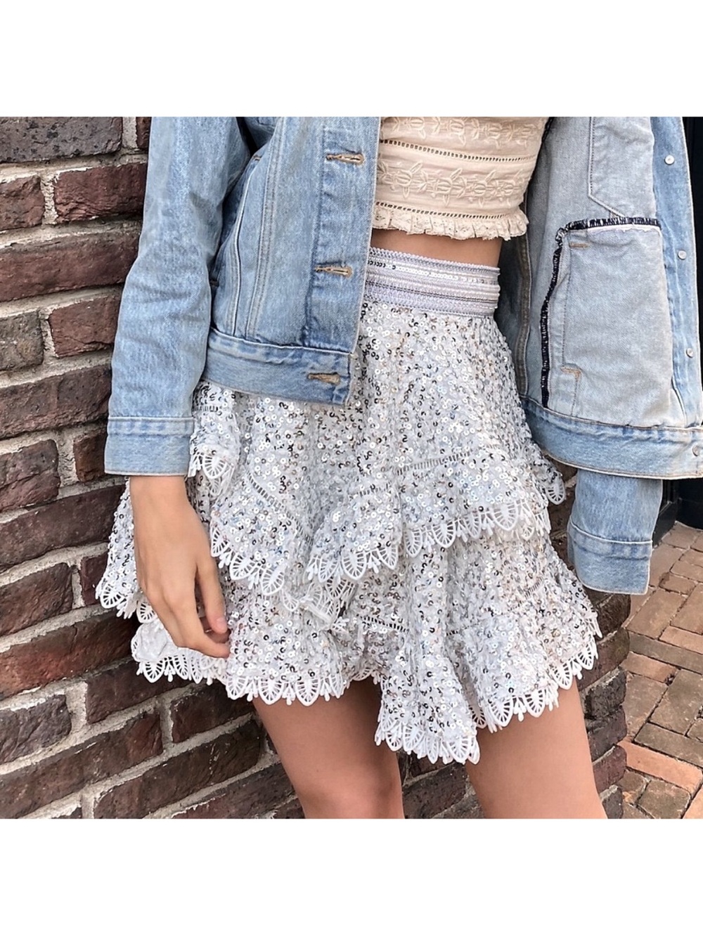 Ixiah x Free People Elysian Tiered Crochet Sequin Skirt Hand Beaded NWT Size XS